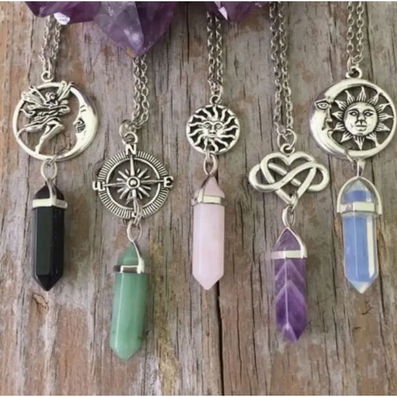 Amethyst Obelisk Dangle on Chain Necklace with Heart Celtic Infinity Design - Picture 4 of 4